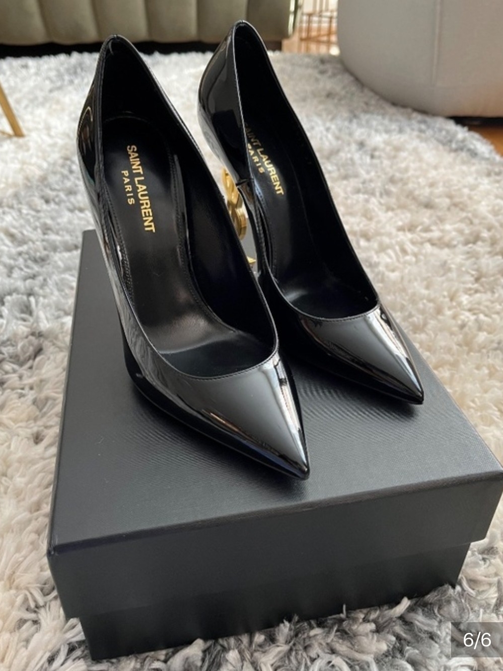 Saint Laurent Black Patent Leather Pointed Pumps with Gold Accent